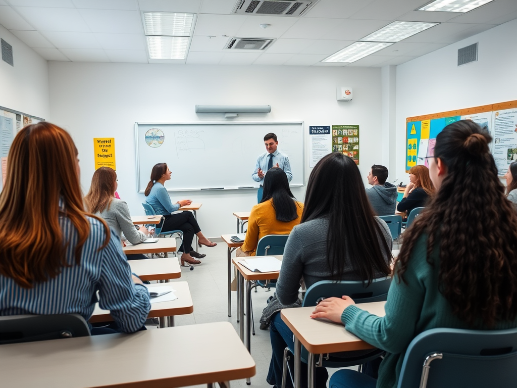 Учебный класс, преподаватель объясняет материал группе студентов, сидящих на задних партах.