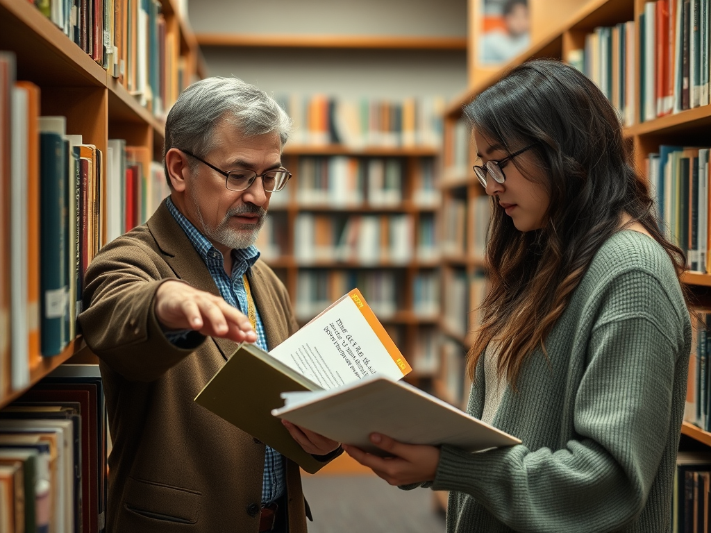Два человека в библиотеке обсуждают книги, один указывает на страницу, другой внимательно читает.