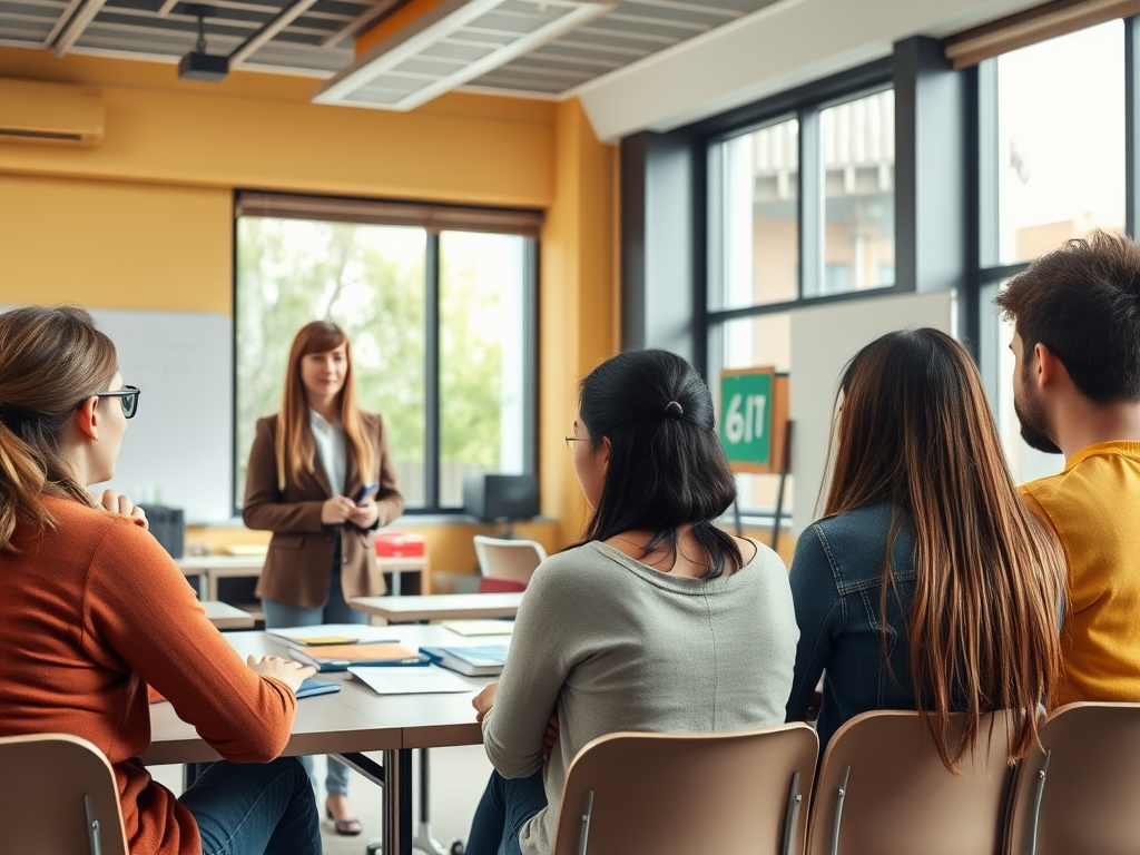 На занятии группа студентов слушает преподавателя в светлом офисе. Стол заполнен учебными материалами.