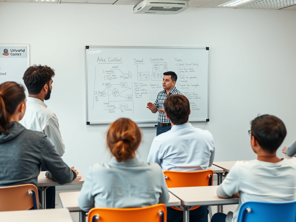 На уроке преподаватель объясняет тему, студенты внимательно слушают и делают заметки.