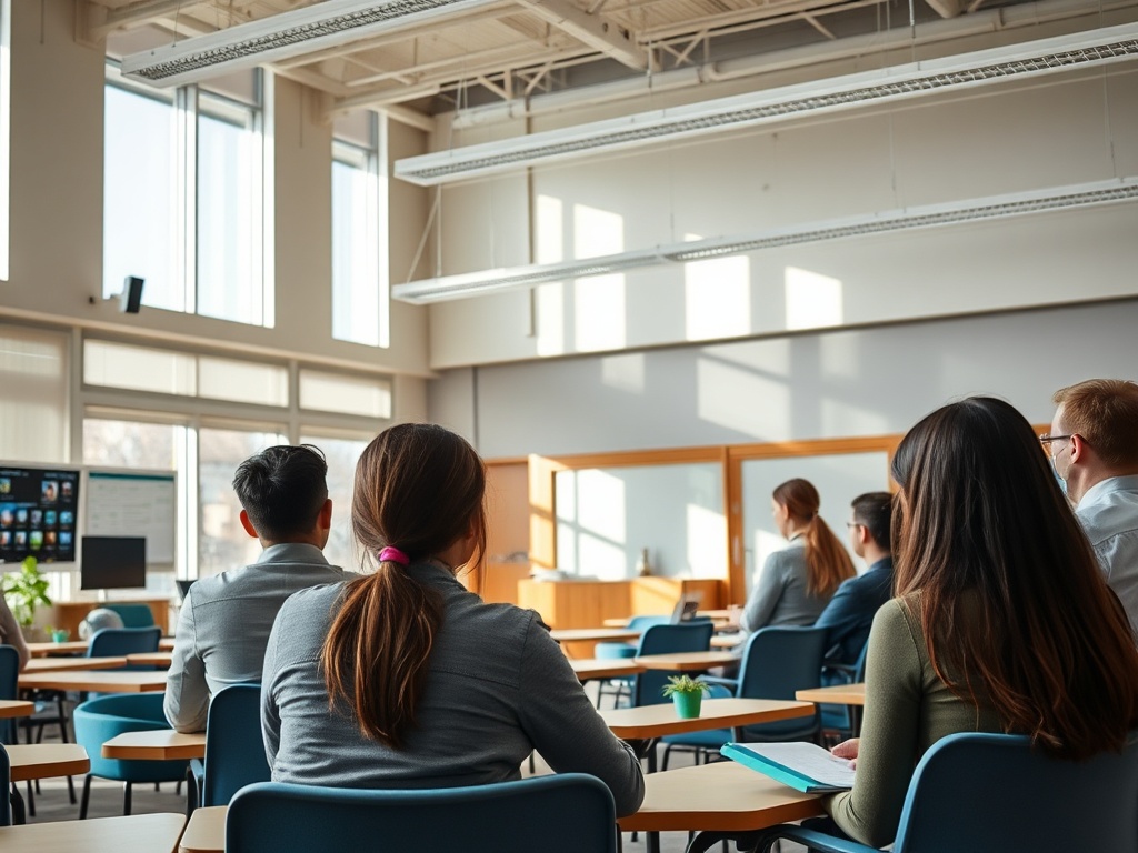 Студенты сидят за партами в классе, смотрят на преподавателя, который стоит у доски. Светлый современный интерьер.