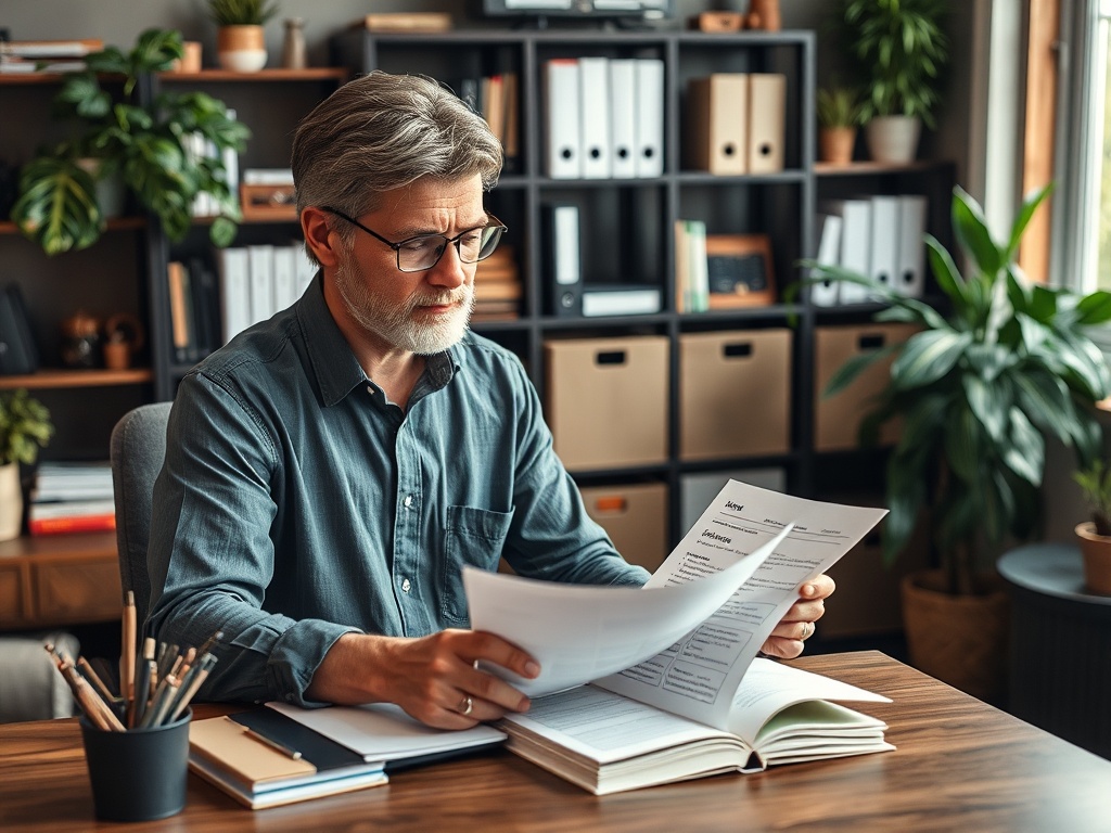 Пожилой мужчина в очках читает документы за столом в оформленном офисе с зелеными растениями.