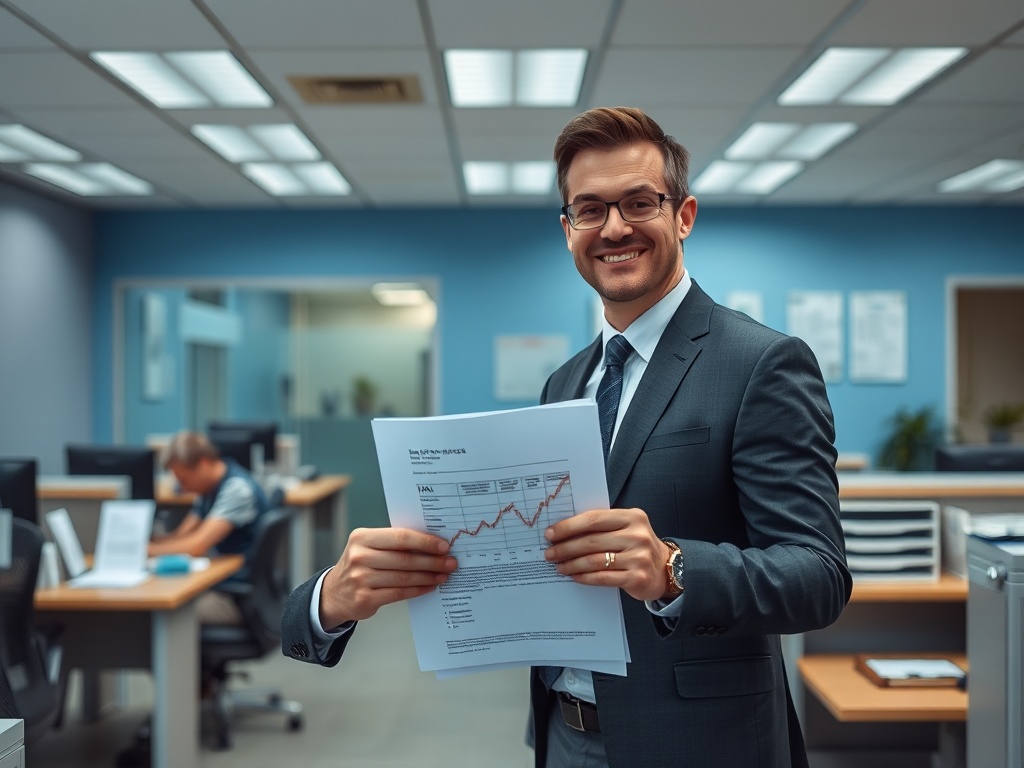 Деловой человек в костюме держит отчёт с графиками, улыбаясь в офисе. На заднем плане работают сотрудники.