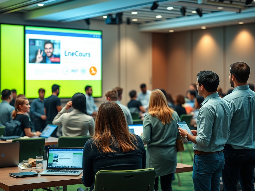 На изображении люди на мероприятии смотрят на презентацию на экране. Столы с ноутбуками и планшетами.