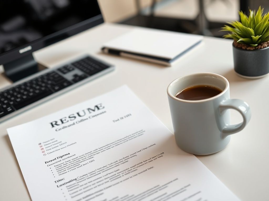 На столе лежит резюме, рядом чашка кофе и компьютер. Светлый офисный интерьер с растением.