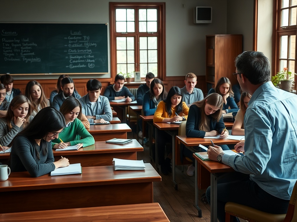 Класс с учениками, пишущими конспекты, и преподавателем, объясняющим материал. Стены украшены школьной доской.