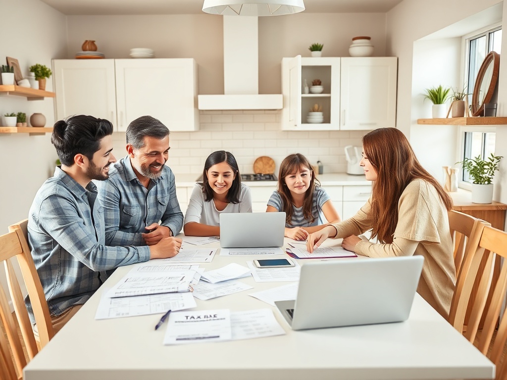 Семья обсуждает дела за обеденным столом, вокруг ноутбуки и бумаги. Улыбки и атмосфера сотрудничества.