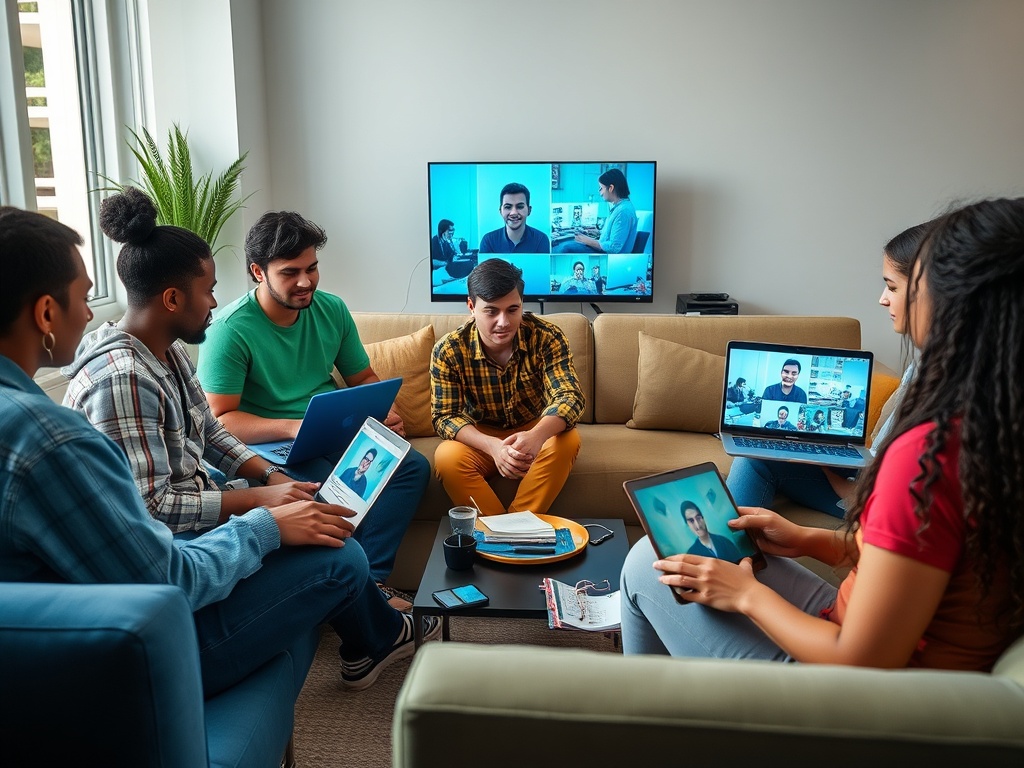 Группа людей проводит видеозвонок, общаясь через компьютеры и планшеты в уютной комнате.