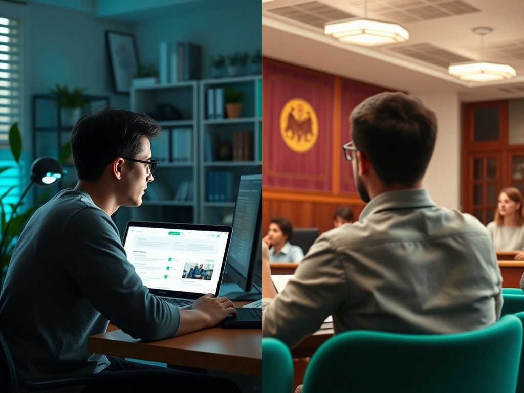 На изображении два сцены: студент за компьютером и группа людей на заседании в зале суда.