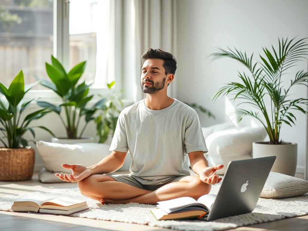 Мужчина медитирует на коврике, окруженный растениями и книгами, с открытым ноутбуком рядом.