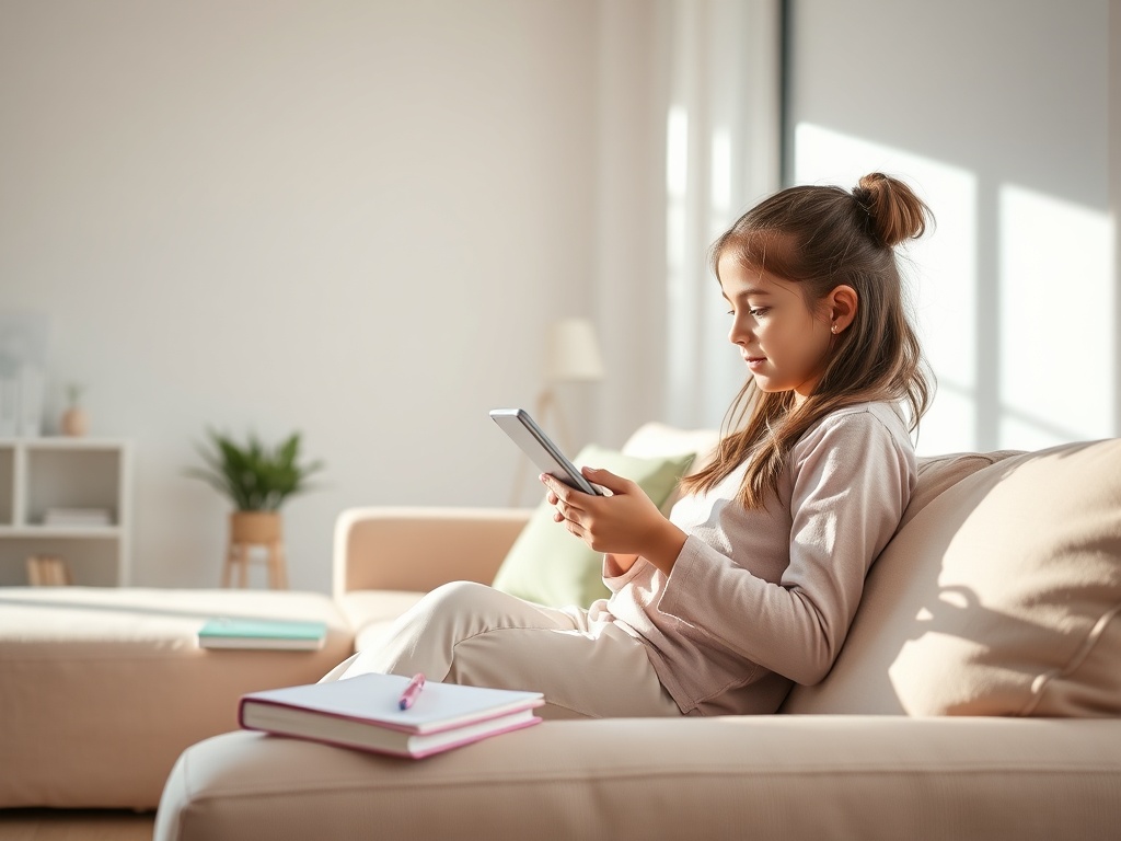 Девочка сидит на диване с книгами, внимательно читая на планшете в светлом помещении.