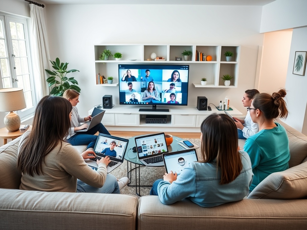 Группа людей на виртуальной встрече, работающих за ноутбуками в уютной комнате.