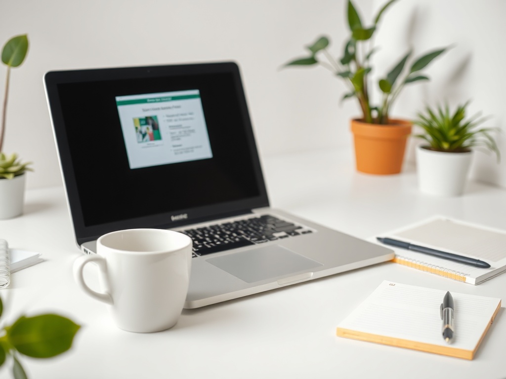 Ноутбук на столе рядом с чашкой кофе, блокнотом и растениями в горшках.