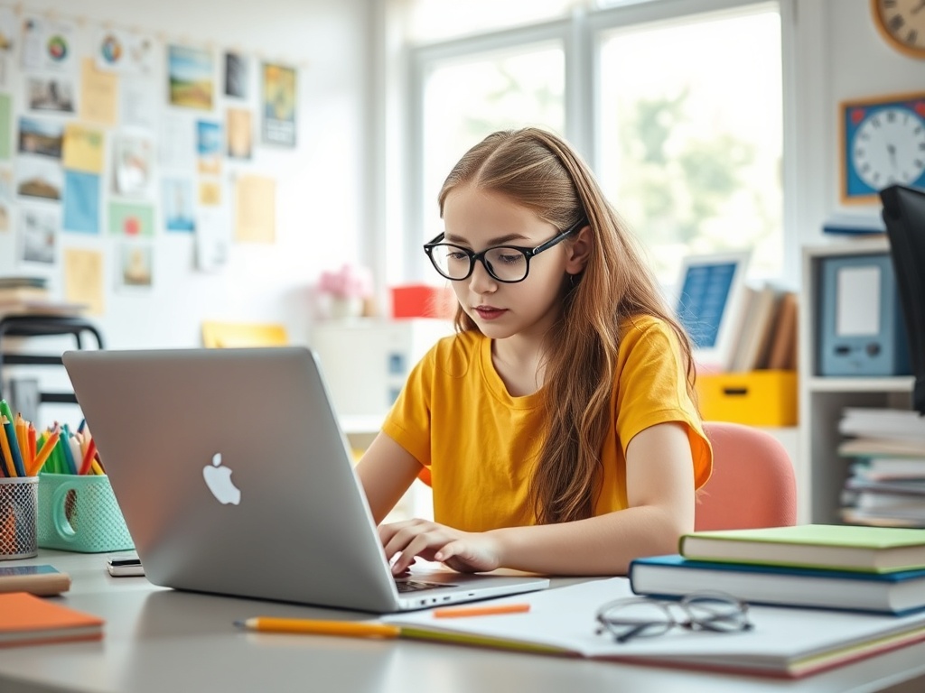 Молодая девушка в очках сидит за столом с ноутбуком, занимается учёбой в светлом классе.