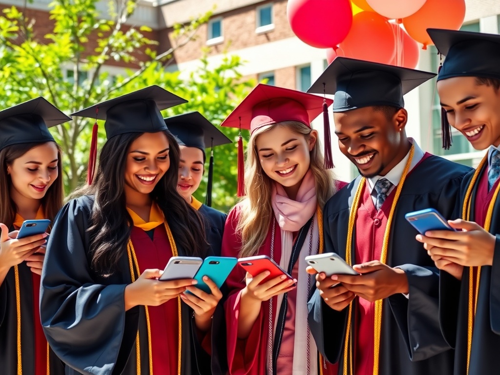 Группа выпускников с телефонами на фоне празднования, улыбаясь и делясь моментами друг с другом.