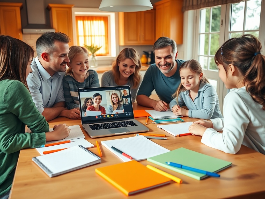 Семья и дети общаются по видеосвязи, сидя за столом с тетрадями и карандашами в уютной кухне.