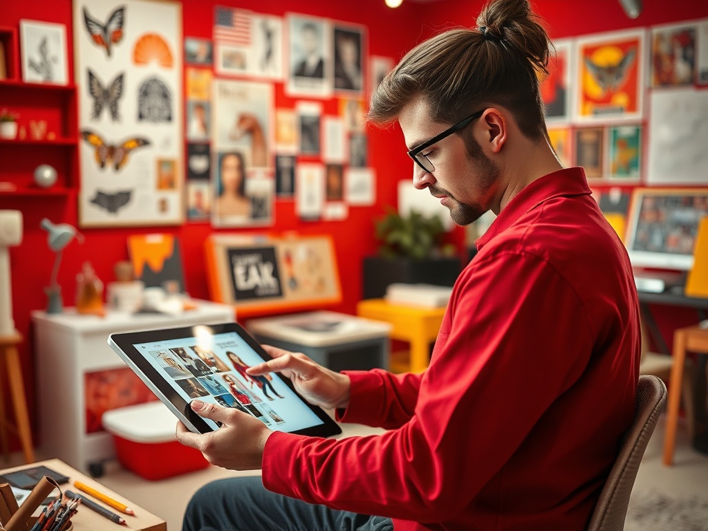 Молодой человек в красной рубашке работает на планшете в креативном пространстве с красными стенами.
