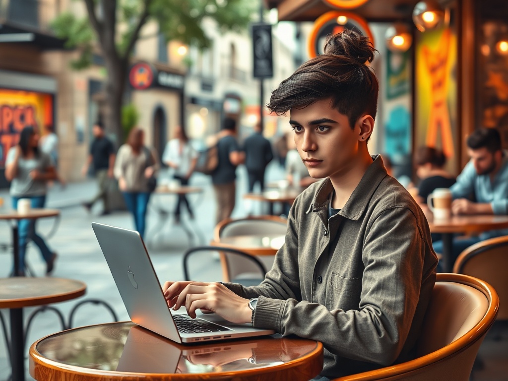 На улице молодой человек работает на ноутбуке в кафе, вокруг него множество людей и оживлённая атмосфера.