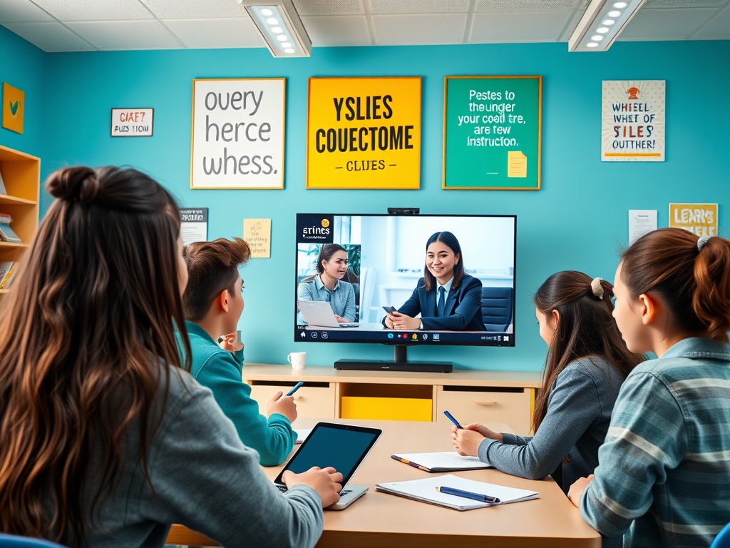 На изображении группа студентов слушает онлайн-лекцию, сидя за столом в уютном классе.