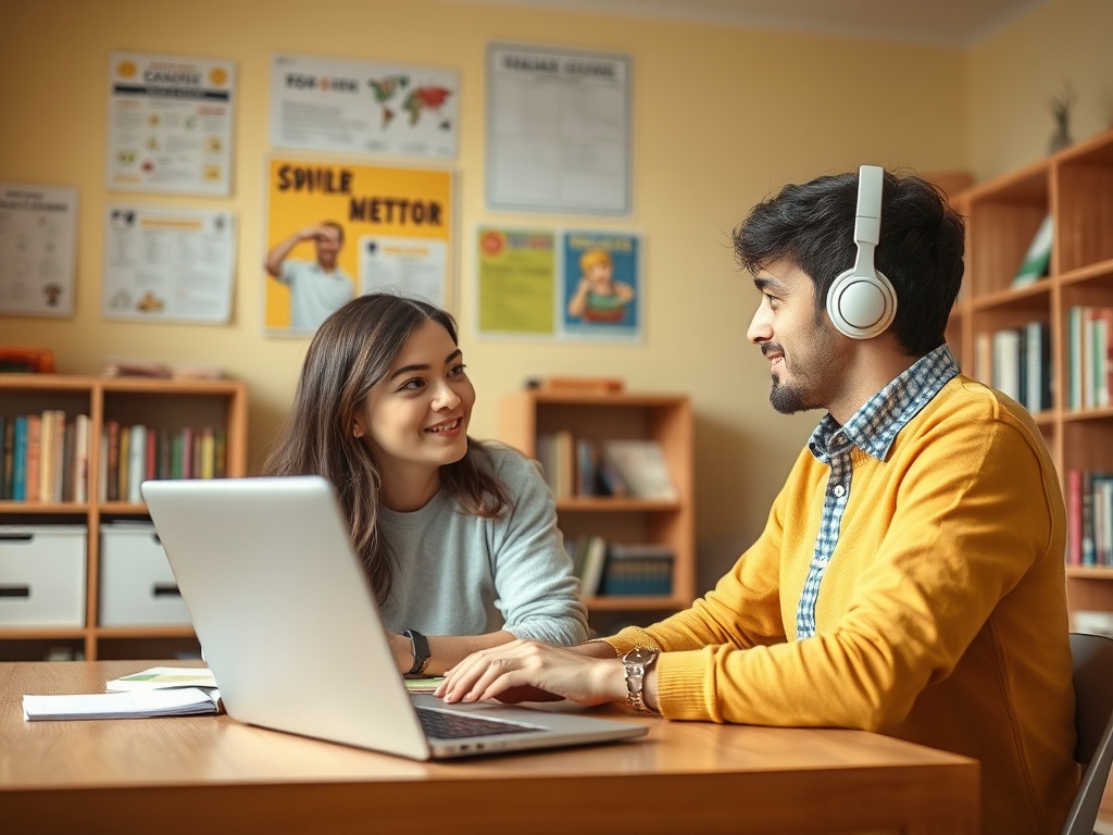 Девушка и парень сидят за столом с ноутбуком, общаясь и смеясь в уютной комнате с книжными полками.