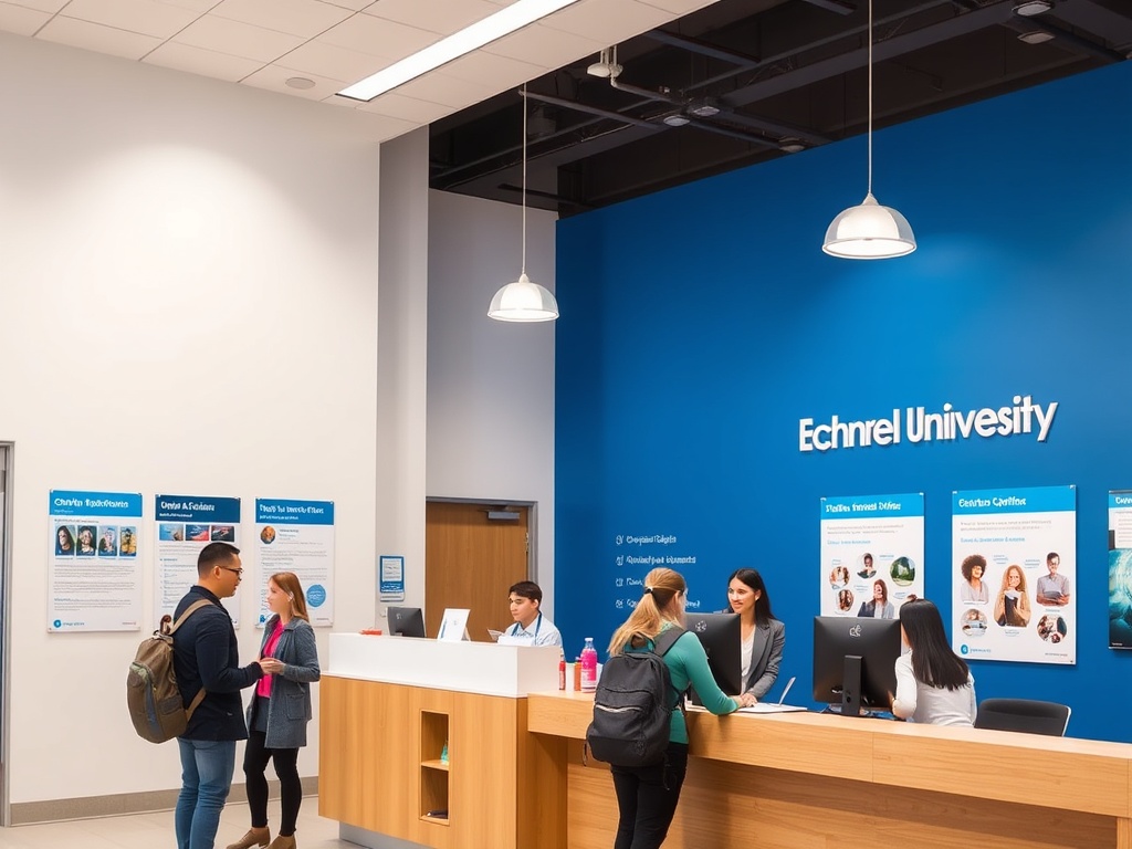 На изображении приемная Университета Эхнрел с сотрудниками и студентами, обсуждающими информацию.