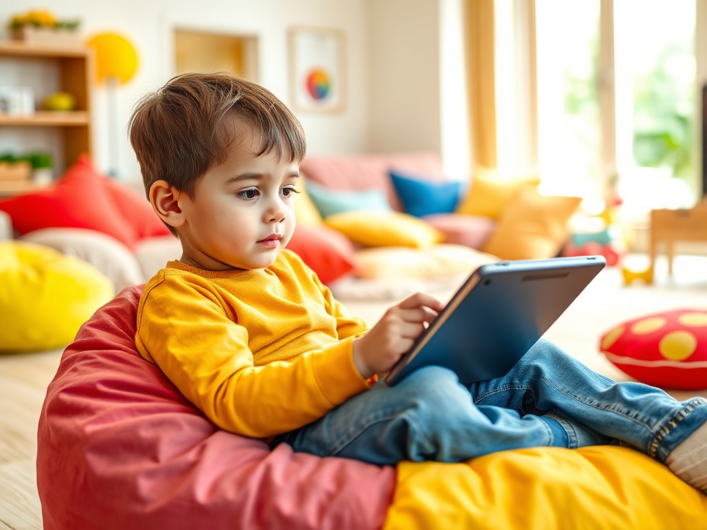 Мальчик в желтой кофте сидит на мягком кресле и играет с планшетом в яркой комнате.
