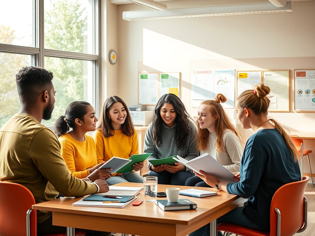 Группа студентов обсуждает материал за столом в светлом классе с большими окнами и образовательными плакатами.
