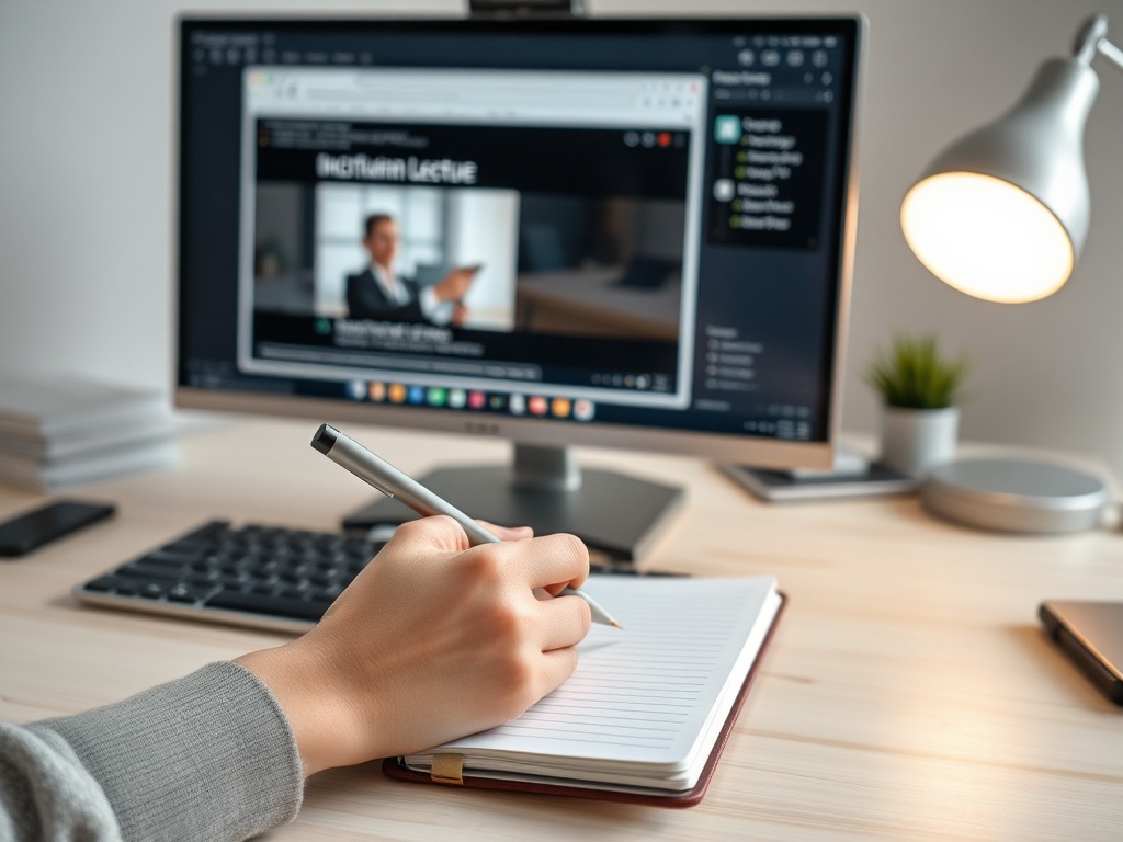 На столе учебное помещение: человек делает заметки, смотря на экран с лекцией. Рядом ноутбук и лампа.