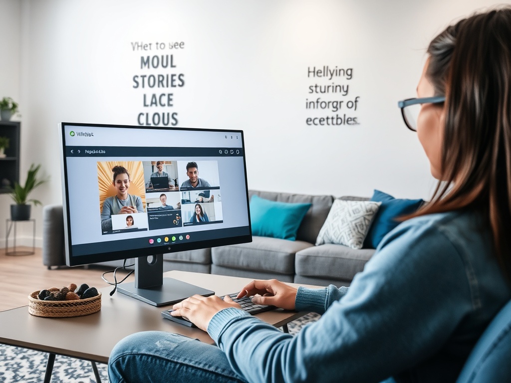 Человек на видеозвонке за столом, в фоновом помещении с диваном и текстом на стене.