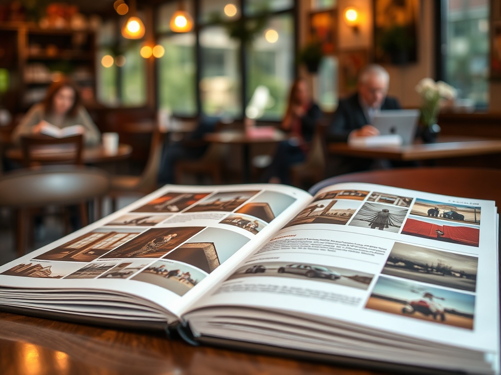 Открытая книга с фотографиями на столе, в кафе читатели наслаждаются атмосферой и кофе.