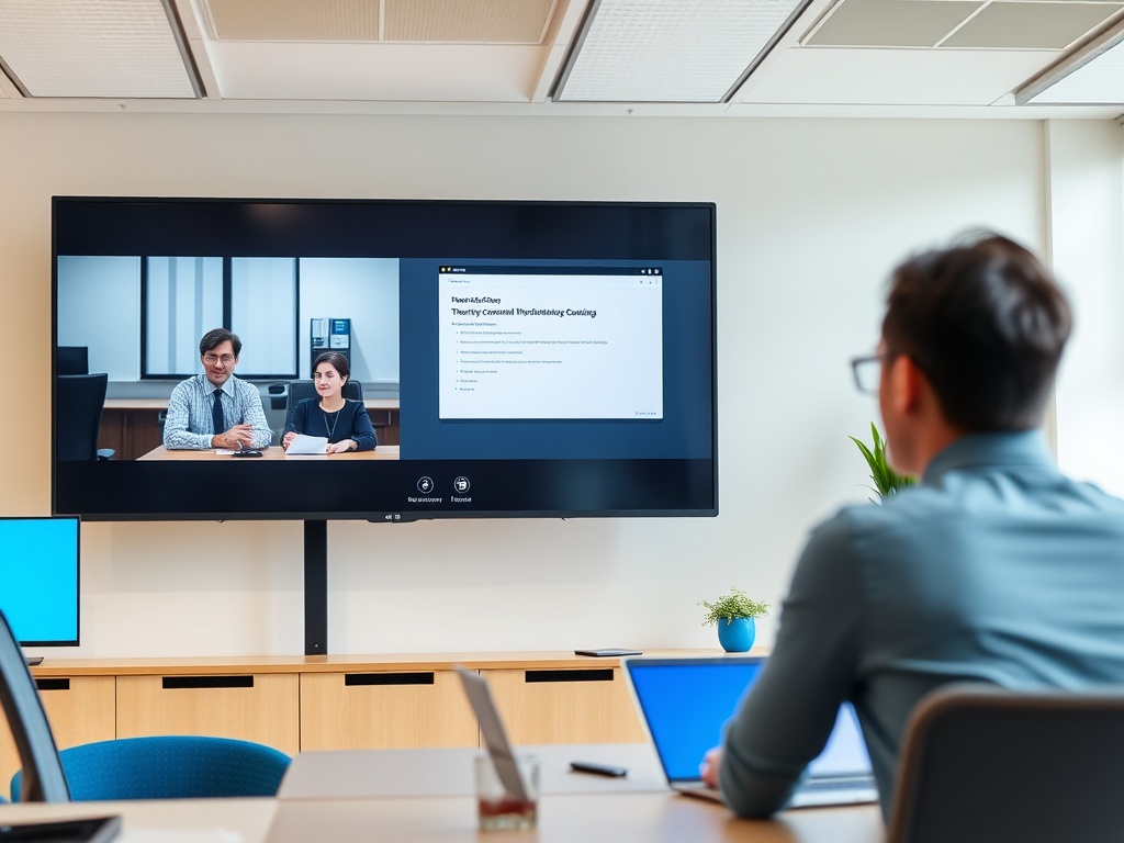 На экране видеозвонка двое людей, сидящих за столом, ведут переговоры. На фоне - слайды презентации.