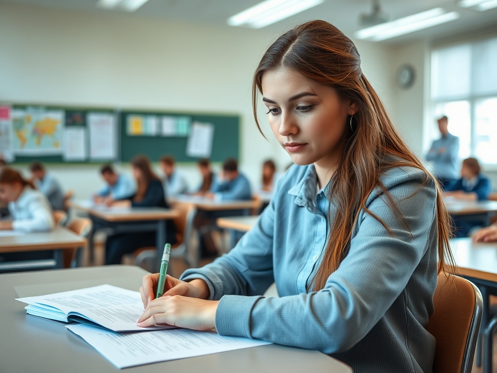 Студентка пишет на занятии. В классе много учеников, она сосредоточена на своем задании.