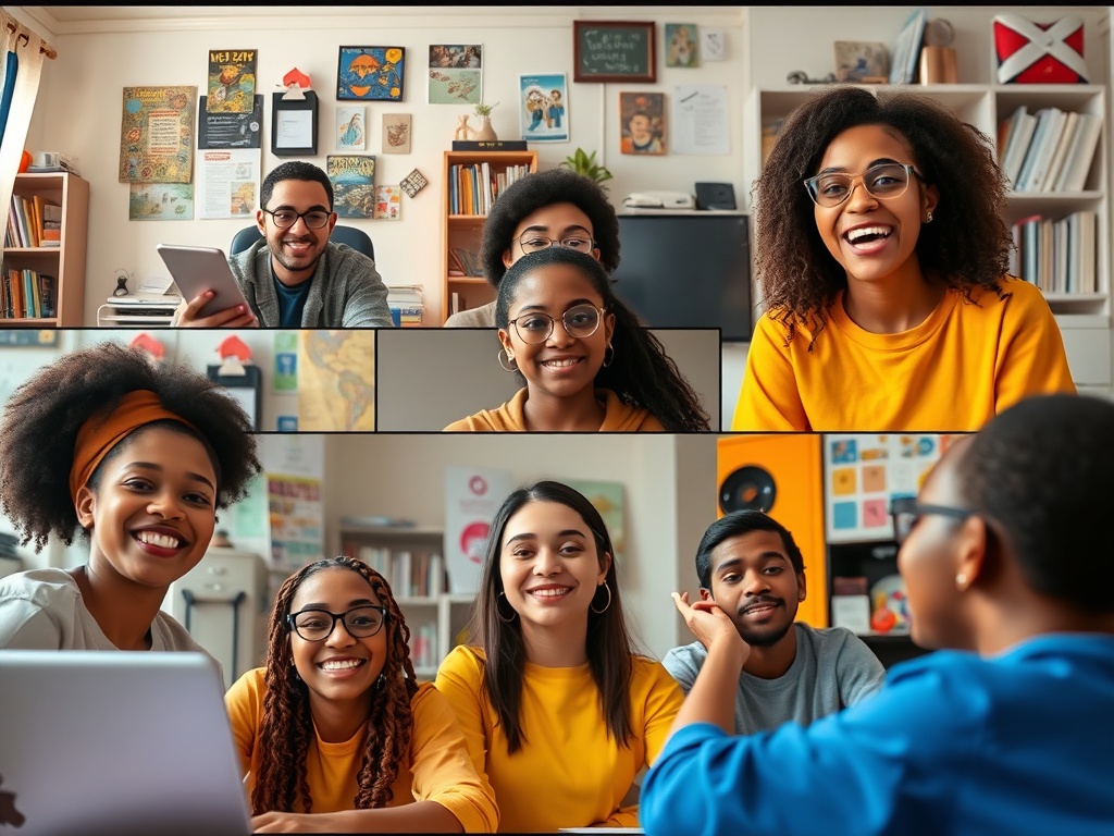 Группа молодых людей в яркой одежде, они улыбаются и общаются в уютном офисе.