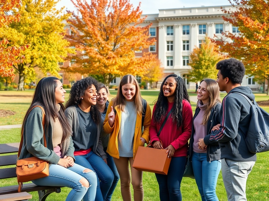 Группа студентов весело общается на зеленом газоне среди осенних деревьев. Время учёбы и дружбы.