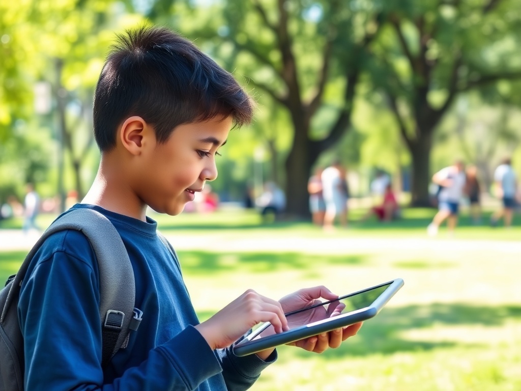 Мальчик с планшетом на улице, наслаждается солнцем и общением в парке.