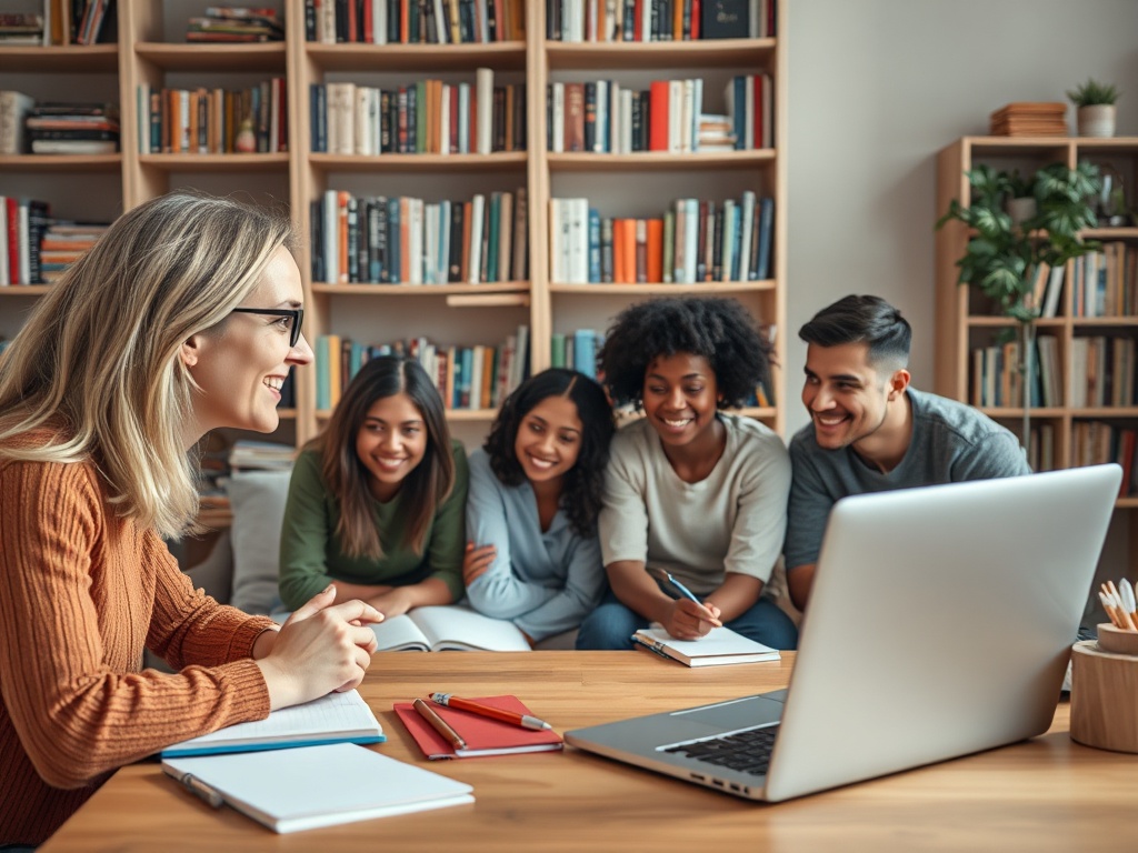 Группа людей ждет общения с преподавателем через компьютер в уютной библиотеке. Студенты учатся с энтузиазмом.