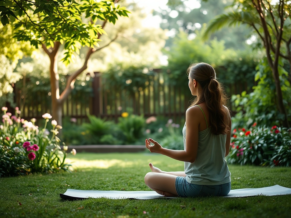 Женщина медитирует на траве в саду, окруженная зеленью и цветами. Спокойная обстановка.