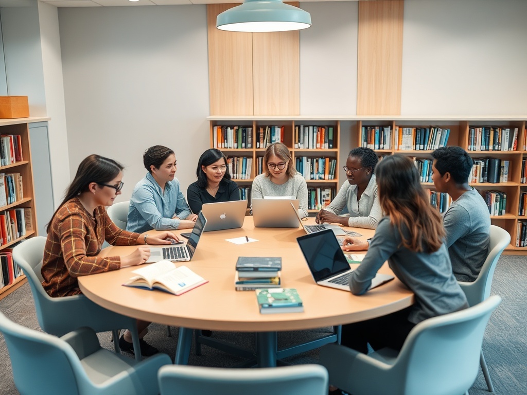 Группа студентов работает за круглым столом в библиотеке, обсуждая проекты с ноутбуками и книгами.
