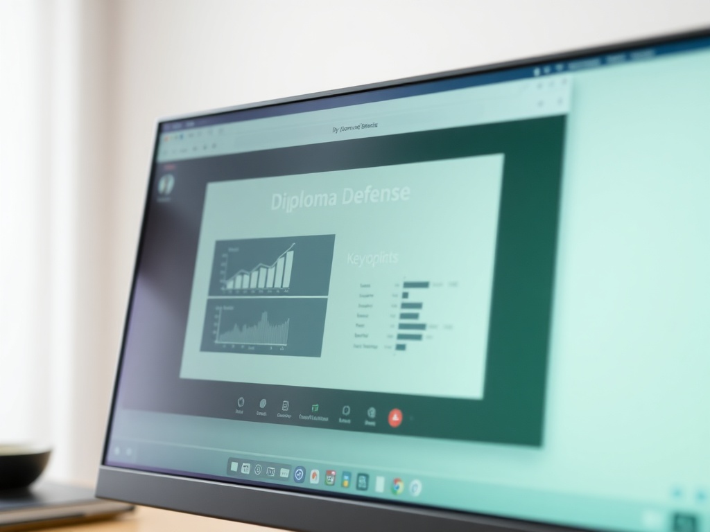 На экране показана презентация защиты диплома с графиками и ключевыми моментами.