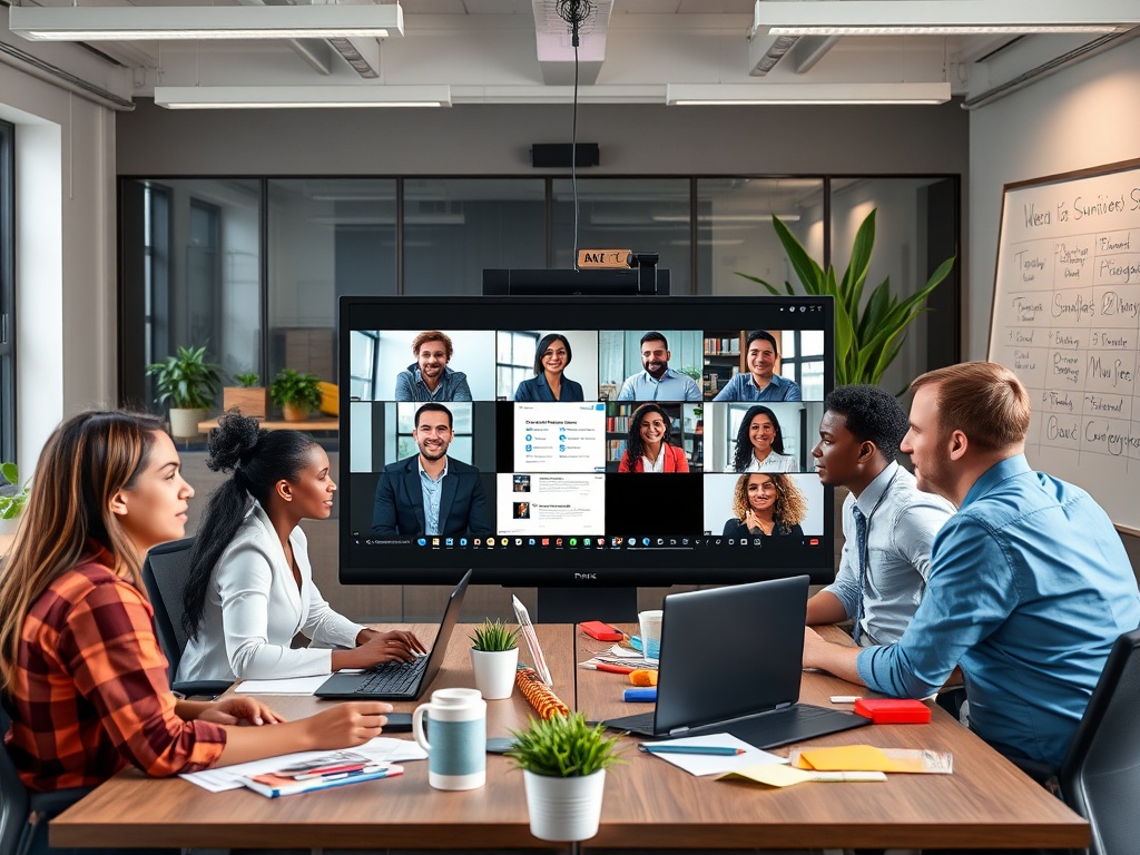 Группа людей на видеозвонке в современном офисе, обсуждающих рабочие вопросы за столом.