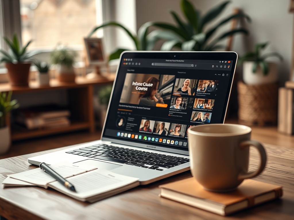 Ноутбук с открытным экраном, чашка кофе и блокнот на столе в уютной обстановке. Зеленые растения на фоне.