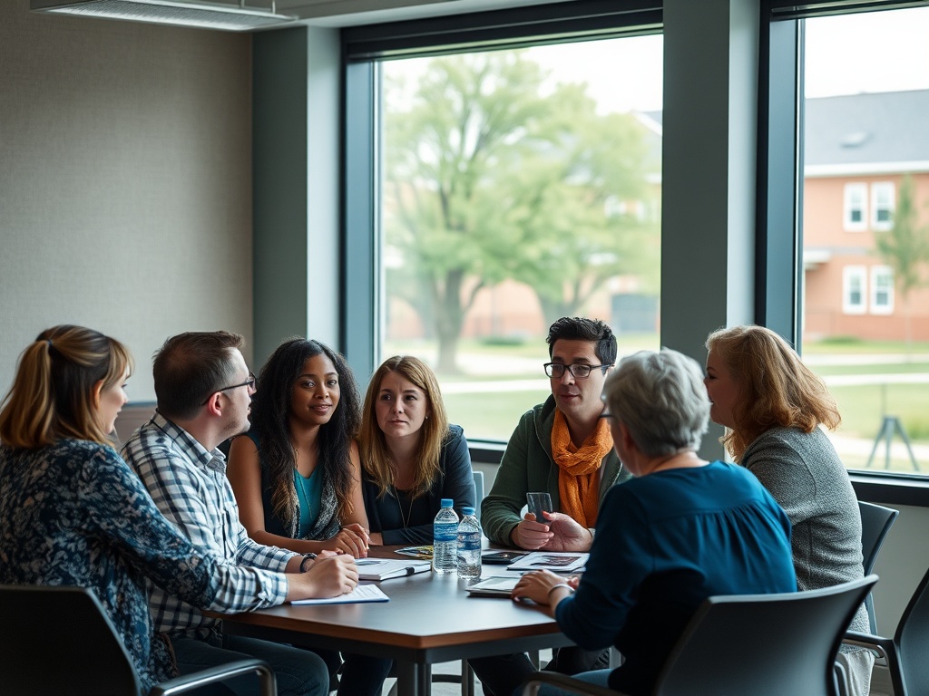 Группа людей обсуждает идеи за столом в офисе с большими окнами и зелеными деревьями на улице.