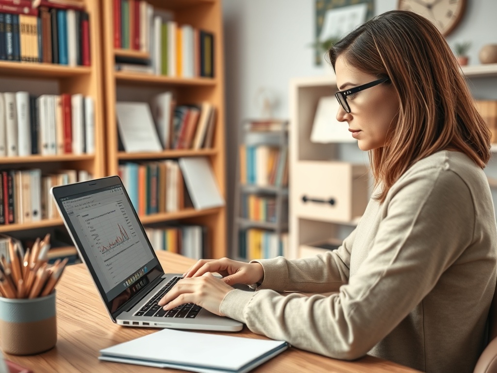 Женщина в очках работает на ноутбуке с графиками, на фоне книжных полок в уютном офисе.