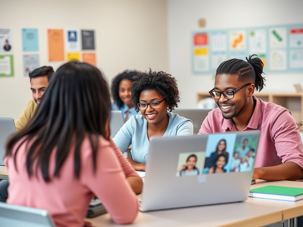 Группа студентов за компьютерами обсуждают проект в светлом классе. Улыбки и активное взаимодействие.