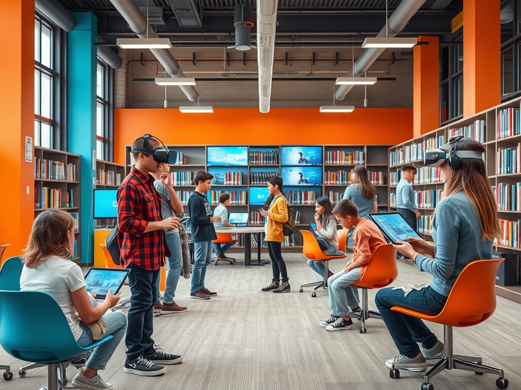 Современная библиотека: дети используют VR-очки и планшеты для изучения и творчества. Яркие цвета оформления.
