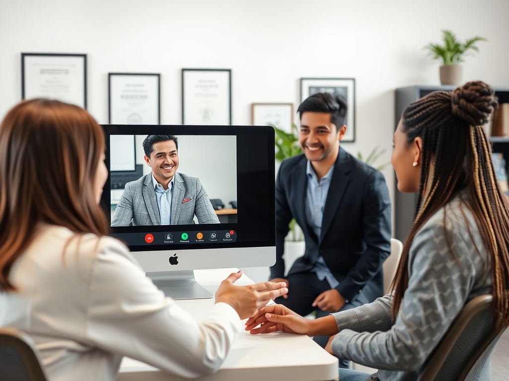 Трое людей на видеозвонке. Один в костюме на экране, двое обсуждают за столом. Офисная обстановка.