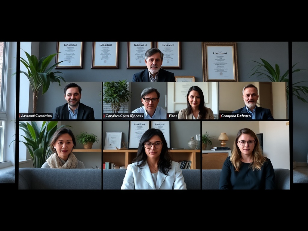 На изображении несколько человек участвуют в видеоконференции, сидя на диване и у стены с дипломами.