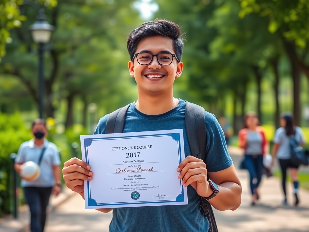 Парень на улице с улыбкой держит сертификат об окончании онлайн-курса в 2017 году. Позади посетители парка.