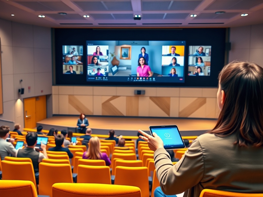 Аудитория на гибридном занятии, учащиеся используют планшеты для участия в обсуждении. На экране участники видеозвонка.