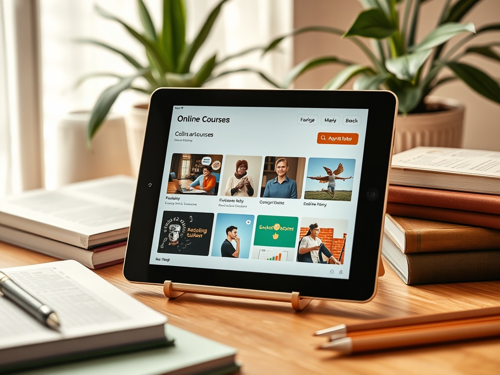 На экране планшета представлены онлайн-курсы, окруженные книгами и растениями.
